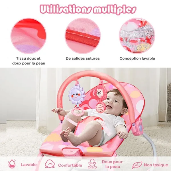 2 en 1 Transat pour Bébés 0-36 Mois Jusqu’ à 18KG avec 2 Mode de Vibration Angle Ajustable Rose