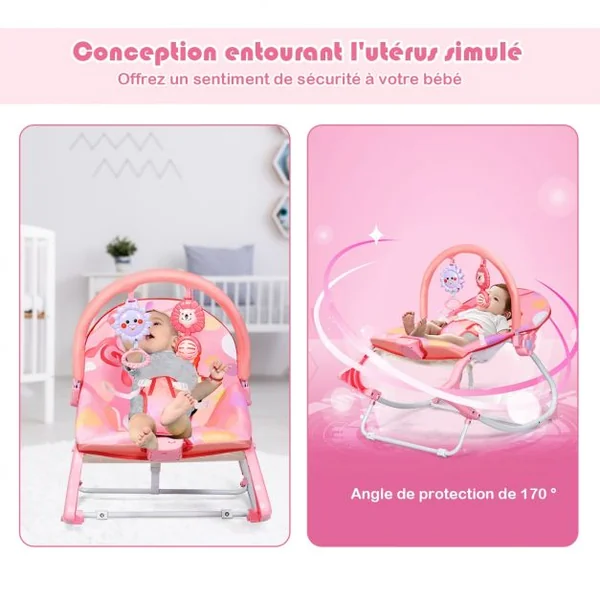 2 en 1 Transat pour Bébés 0-36 Mois Jusqu’ à 18KG avec 2 Mode de Vibration Angle Ajustable Rose