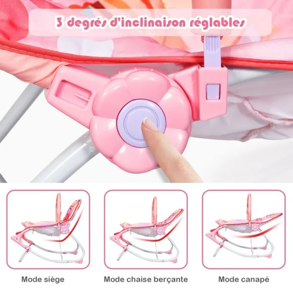 2 en 1 Transat pour Bébés 0-36 Mois Jusqu’ à 18KG avec 2 Mode de Vibration Angle Ajustable Rose
