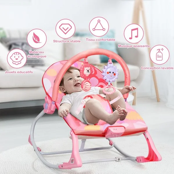 2 en 1 Transat pour Bébés 0-36 Mois Jusqu’ à 18KG avec 2 Mode de Vibration Angle Ajustable Rose