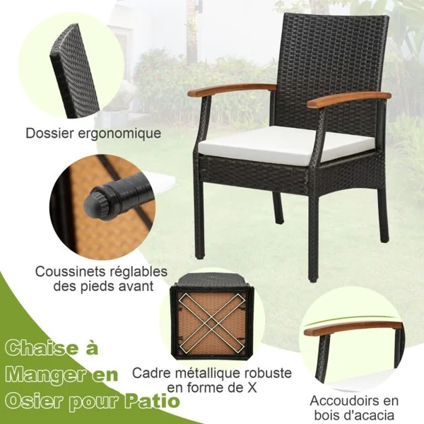 2 Fauteuils de de Jardin Éxterieur avec Coussins pour Repas Térrasse en Rotin PE Fauteuils pour Salon de Jardin Marron