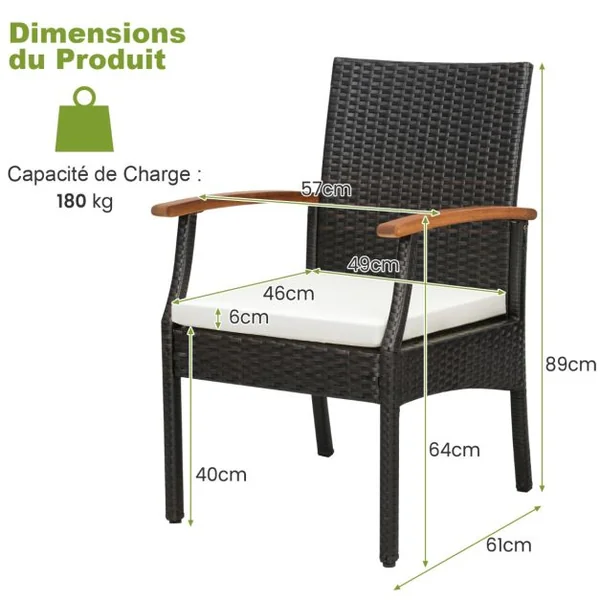 2 Fauteuils de de Jardin Éxterieur avec Coussins pour Repas Térrasse en Rotin PE Fauteuils pour Salon de Jardin Marron