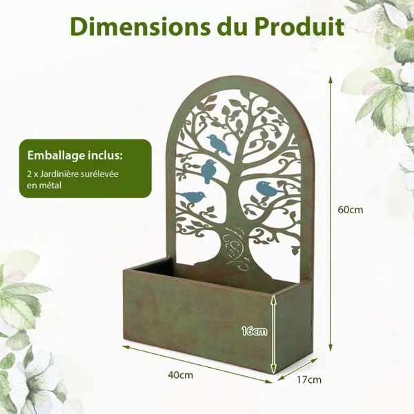 2 Pcs Jardinières Murales avec Treillis en Métal Bac à Fleurs Décoratives pour Plante Grimpante Résistance aux Intempéries