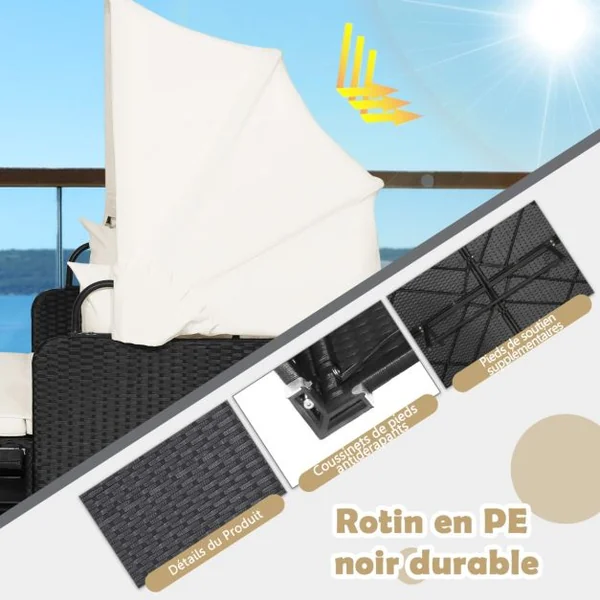 2 Places Lit Canapé de Jardin en Rotin avec Baldaquin Rétractable 2 Panneaux Latéraux Pliables 165 x 153 x 138 cm