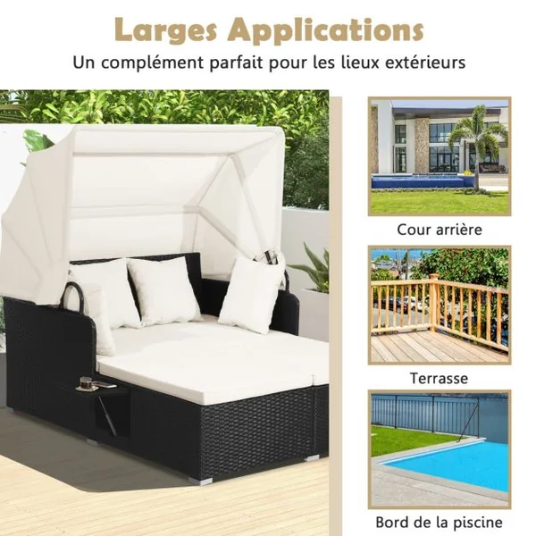 2 Places Lit Canapé de Jardin en Rotin avec Baldaquin Rétractable 2 Panneaux Latéraux Pliables 165 x 153 x 138 cm