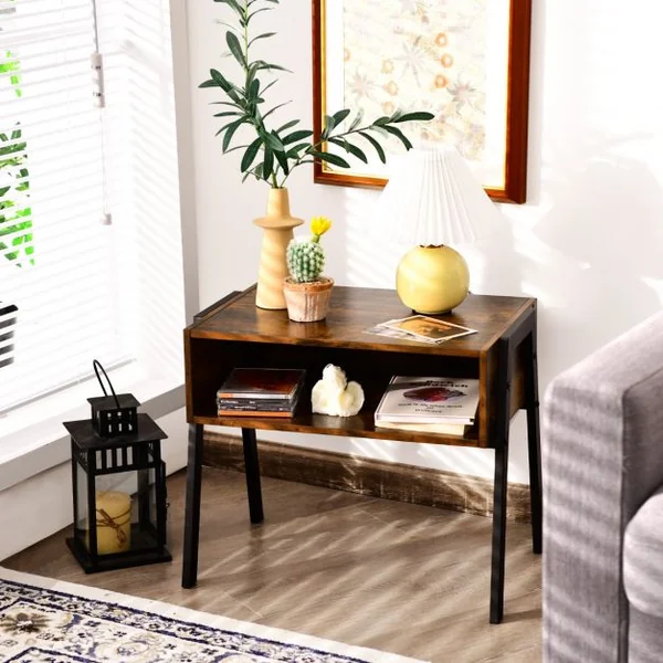 2 Tables de Chevet Vintage avec Compartiment de Rangement 54 x 35 x 45 CM Structure en Métal Marron Rustique et Noir