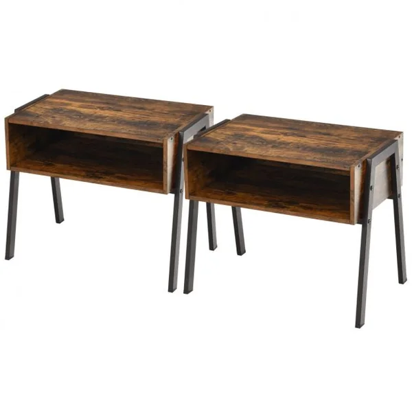 2 Tables de Chevet Vintage avec Compartiment de Rangement 54 x 35 x 45 CM Structure en Métal Marron Rustique et Noir