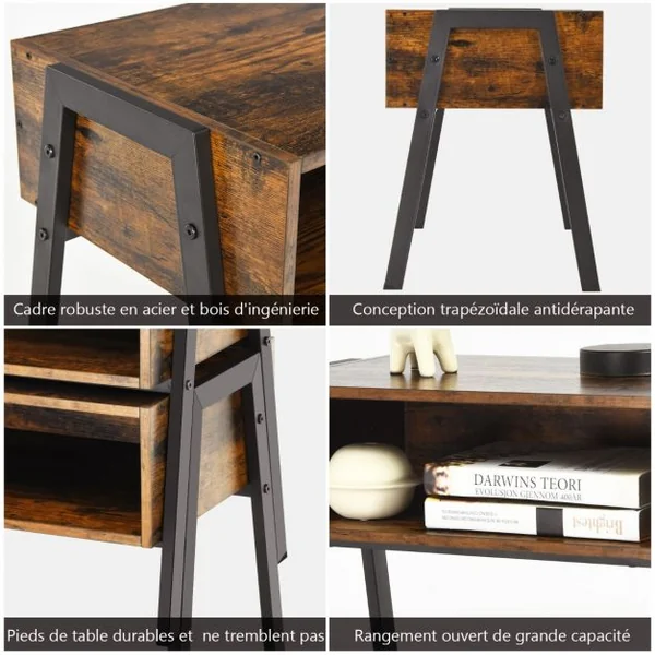 2 Tables de Chevet Vintage avec Compartiment de Rangement 54 x 35 x 45 CM Structure en Métal Marron Rustique et Noir