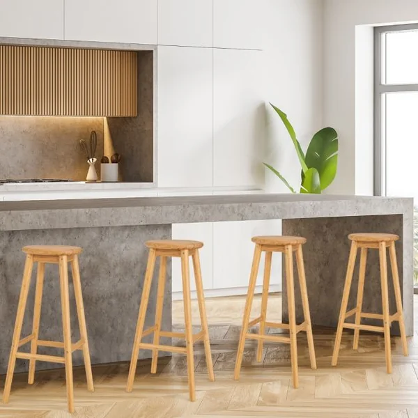 2 Tabourets de Bar en Bambou Hauteur 79cm avec Repose-Pieds de Style Campagne Idéal pour Cuisine Comptoir Bistro Bar