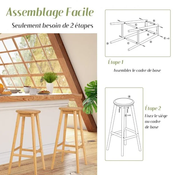 2 Tabourets de Bar en Bambou Hauteur 79cm avec Repose-Pieds de Style Campagne Idéal pour Cuisine Comptoir Bistro Bar