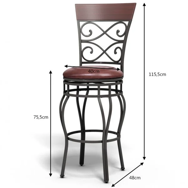 2 Tabourets de Bar en Simili Cuir et Métal Charge Max 110KG Style Rétro avec Repose-pieds Pivontante à 360°