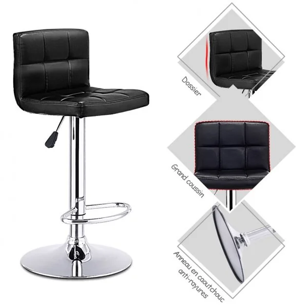 2 Tabourets de Bar en Simili Cuir et Métal Style Contemporain Repose-pieds Réglable Capacité 113kg 40x42x89-108cm Noir