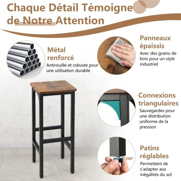 2 Tabourets de Bar Industriels Cadre en Métal 30 x 30 x 71,5 CM pour Cuisine Café Bistro Térrasse-Marron Rustique