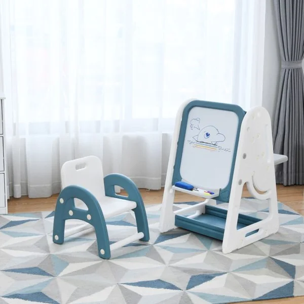 2en1 Tableau Magnétique Enfant Double Face avec Tabouret Etagère de Livres Hauteur Réglable Blanc et Rose/Bleu/Gris