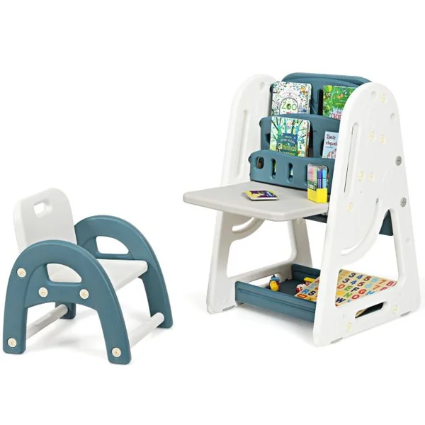 2en1 Tableau Magnétique Enfant Double Face avec Tabouret Etagère de Livres Hauteur Réglable Blanc et Rose/Bleu/Gris