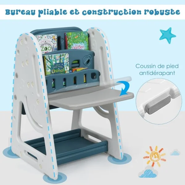 2en1 Tableau Magnétique Enfant Double Face avec Tabouret Etagère de Livres Hauteur Réglable Blanc et Rose/Bleu/Gris