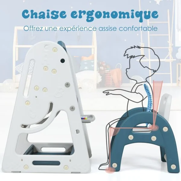 2en1 Tableau Magnétique Enfant Double Face avec Tabouret Etagère de Livres Hauteur Réglable Blanc et Rose/Bleu/Gris