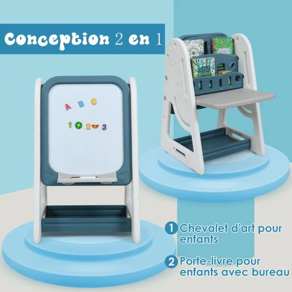 2en1 Tableau Magnétique Enfant Double Face avec Tabouret Etagère de Livres Hauteur Réglable Blanc et Rose/Bleu/Gris