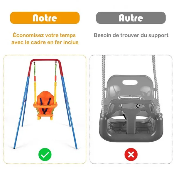 3 en1 Balançoire pour Enfants avec Portique et Siège avec Dossier Accoudoir et Ceinture Sécurité Charge Max. : 25 KG