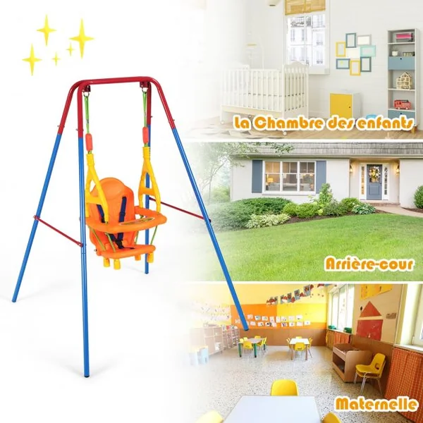3 en1 Balançoire pour Enfants avec Portique et Siège avec Dossier Accoudoir et Ceinture Sécurité Charge Max. : 25 KG
