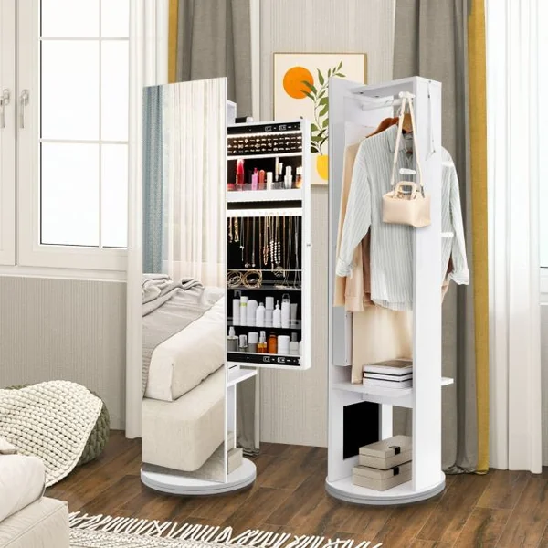 3 en 1 Armoire à Bijoux Pivotante à 360° avec Miroir Pleine Longueur Porte-manteau Arrière et Lumières LED 3 Couleurs Blanc