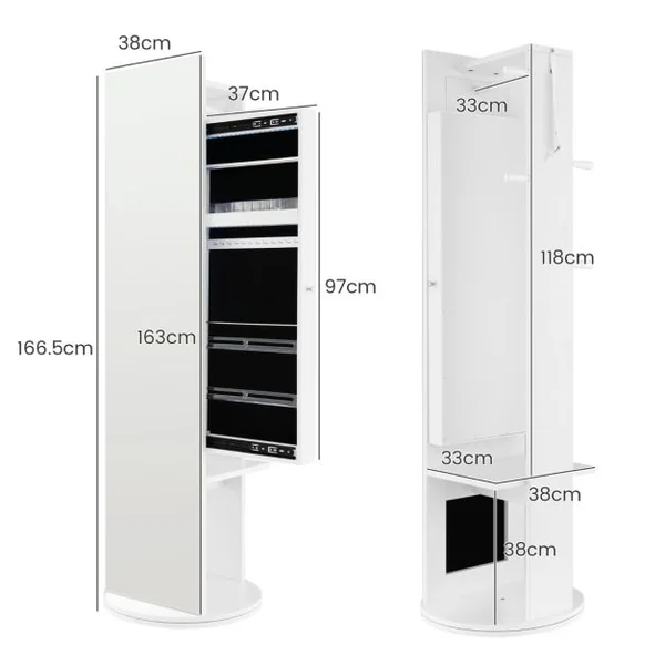 3 en 1 Armoire à Bijoux Pivotante à 360° avec Miroir Pleine Longueur Porte-manteau Arrière et Lumières LED 3 Couleurs Blanc