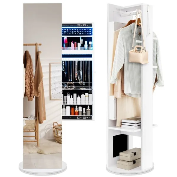 3 en 1 Armoire à Bijoux Pivotante à 360° avec Miroir Pleine Longueur Porte-manteau Arrière et Lumières LED 3 Couleurs Blanc
