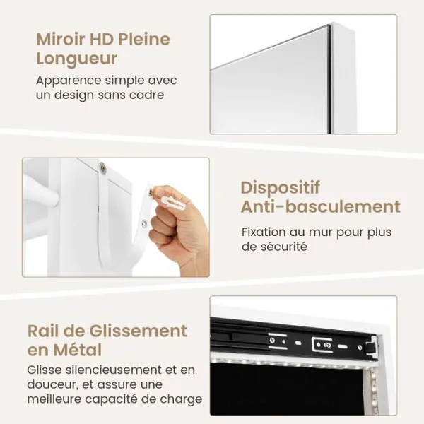 3 en 1 Armoire à Bijoux Pivotante à 360° avec Miroir Pleine Longueur Porte-manteau Arrière et Lumières LED 3 Couleurs Blanc