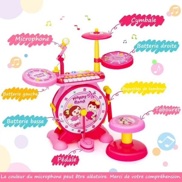 3 en 1 Batterie Électronique pour Enfant Tabouret Microphone Lumières LED MP3 Enregistrement/Lecture Bleu