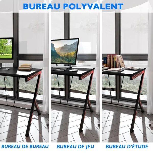 3 en 1 Bureau Gaming 116X75X77 CM Cadre en Métal en Forme de R avec Repose-pieds Réglables Charge 80 KG Style Design