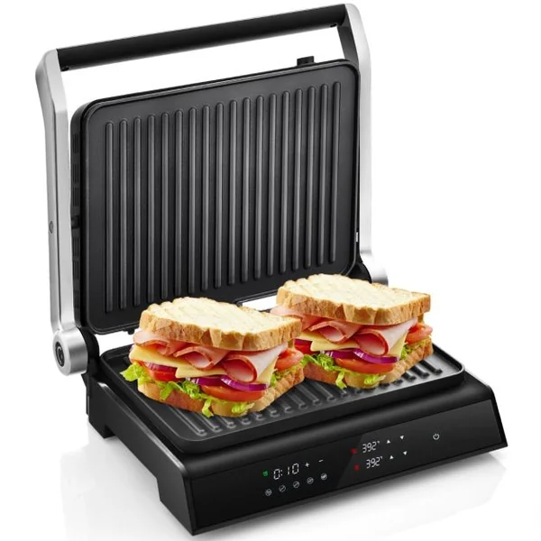 3 En 1 Grill Électrique 1200W Ouverture à 180 ° Affichage Led 5 Modes De Cuisson Automatique Poignée Froide Plaques Antiadhésives Amovible Compatibles L