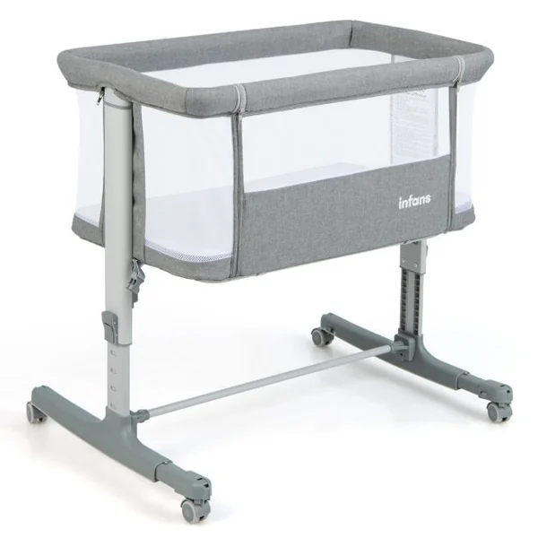 3 en 1 Lit Cododo Bébé avec Matelas&5 Hauteur Réglable avec Inclinaison 3-8°4 Roues Charge 9kg pour 0-6 Mois 84x48x80cm Beige/Gris Clair/Foncé