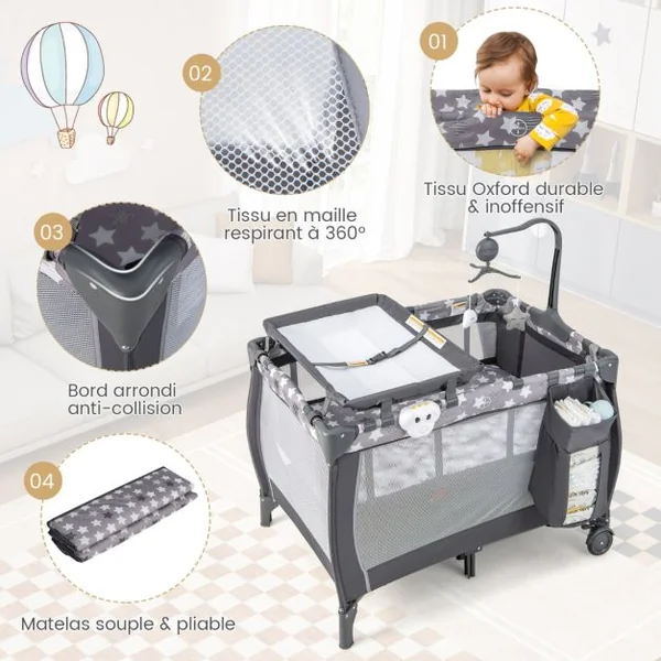 3 en 1 Lit Parapluie Bébé Matelas & Table à Langer Lit Bébé Evolutif avec Boîte à Musique 3 Jouets Sac de Transport pour 0-3 Ans Gris