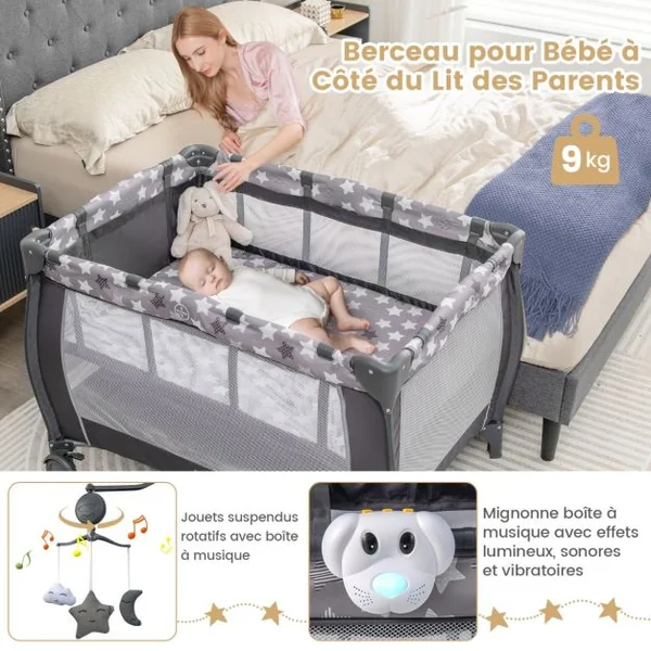 3 en 1 Lit Parapluie Bébé Matelas & Table à Langer Lit Bébé Evolutif avec Boîte à Musique 3 Jouets Sac de Transport pour 0-3 Ans Gris