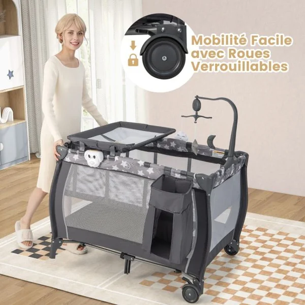 3 en 1 Lit Parapluie Bébé Matelas & Table à Langer Lit Bébé Evolutif avec Boîte à Musique 3 Jouets Sac de Transport pour 0-3 Ans Gris