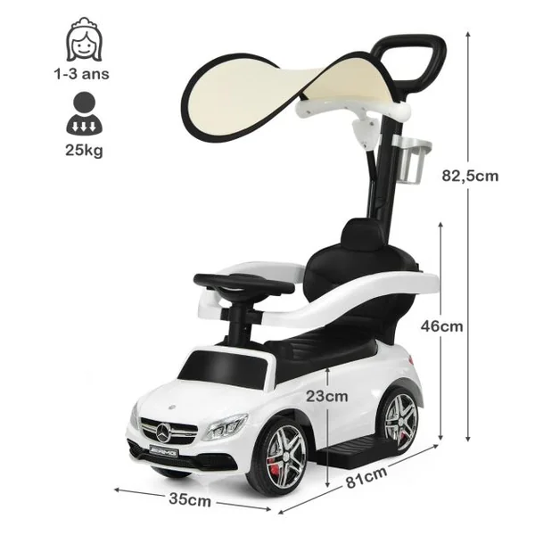3 en 1 Mercedes Benz AMG Voiture à Pousser Enfants 1-3 Ans avec Poignée Parentale Voiture Porteur Bébé avec Espace de Stockage Charge 25kg Blanc