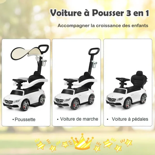 3 en 1 Mercedes Benz AMG Voiture à Pousser Enfants 1-3 Ans avec Poignée Parentale Voiture Porteur Bébé avec Espace de Stockage Charge 25kg Blanc