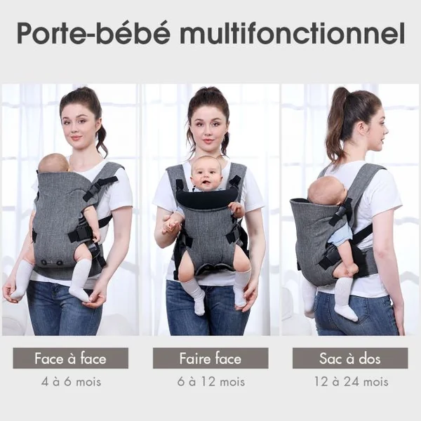 3 en 1 Porte-Bébé Ergonomique avec Bretelles Réglables et Ceinture Convient aux Bébés 4-36 Mois Jusqu'à 15KG