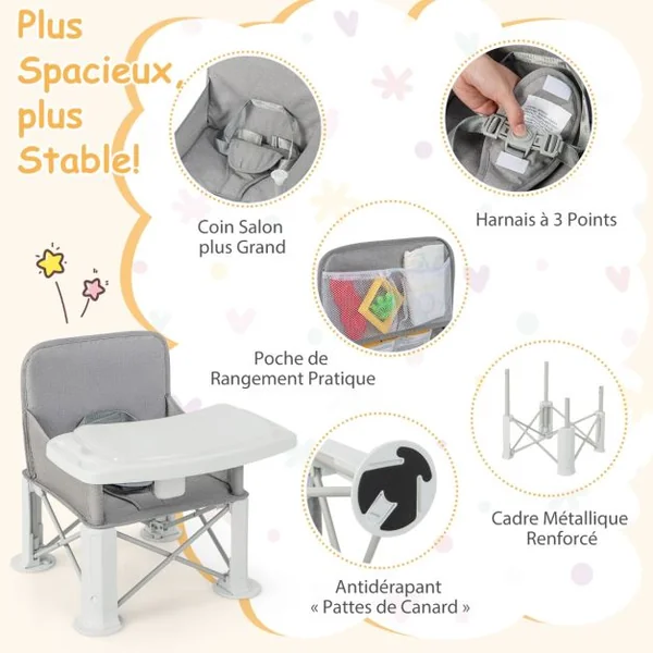 3 en 1 Siège Rehausseur Pliable Bébé avec Double Plateau Rotatif & Amovible Siège d'Appoint avec Harnais à 3 Points Charge 15 kg pour Enfants de 6-36 Mois