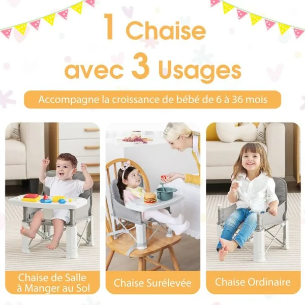 3 en 1 Siège Rehausseur Pliable Bébé avec Double Plateau Rotatif & Amovible Siège d'Appoint avec Harnais à 3 Points Charge 15 kg pour Enfants de 6-36 Mois