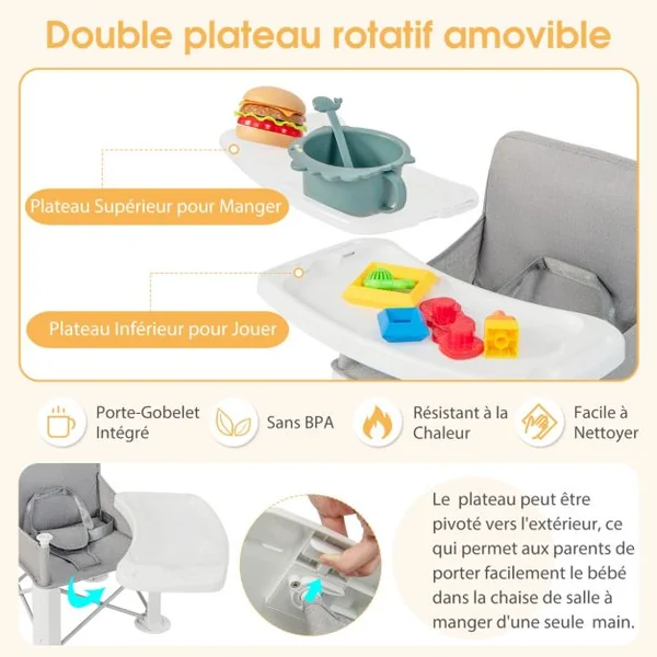 3 en 1 Siège Rehausseur Pliable Bébé avec Double Plateau Rotatif & Amovible Siège d'Appoint avec Harnais à 3 Points Charge 15 kg pour Enfants de 6-36 Mois