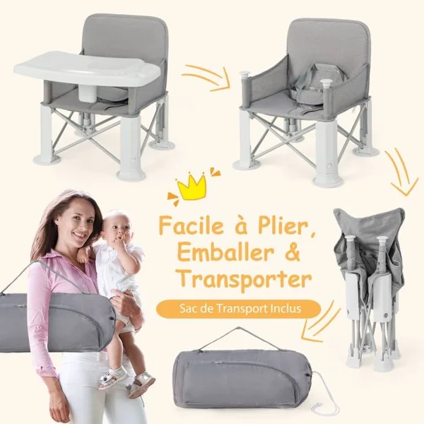 3 en 1 Siège Rehausseur Pliable Bébé avec Double Plateau Rotatif & Amovible Siège d'Appoint avec Harnais à 3 Points Charge 15 kg pour Enfants de 6-36 Mois