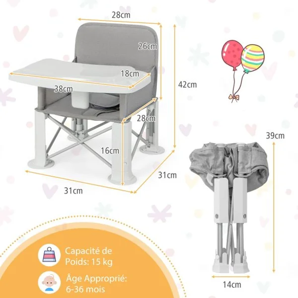 3 en 1 Siège Rehausseur Pliable Bébé avec Double Plateau Rotatif & Amovible Siège d'Appoint avec Harnais à 3 Points Charge 15 kg pour Enfants de 6-36 Mois