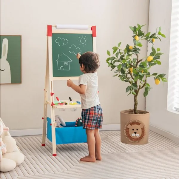 3 en 1 Tableau Enfant Double Face en Bois avec Rouleau de Papier & 60 Accessoires Chevalet Magnétique Hauteur Réglable Sac de Rangement pour 3-8 Ans Naturel Bleu