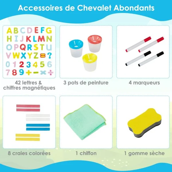 3 en 1 Tableau Enfant Double Face en Bois avec Rouleau de Papier & 60 Accessoires Chevalet Magnétique Hauteur Réglable Sac de Rangement pour 3-8 Ans Naturel Bleu