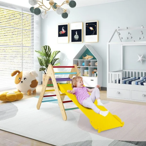 3 en 1 Triangle d'Escalade Enfant en Bois Rampe Double Face à Angle Réglable pour Grimper et Glisser Naturel/Multicolore