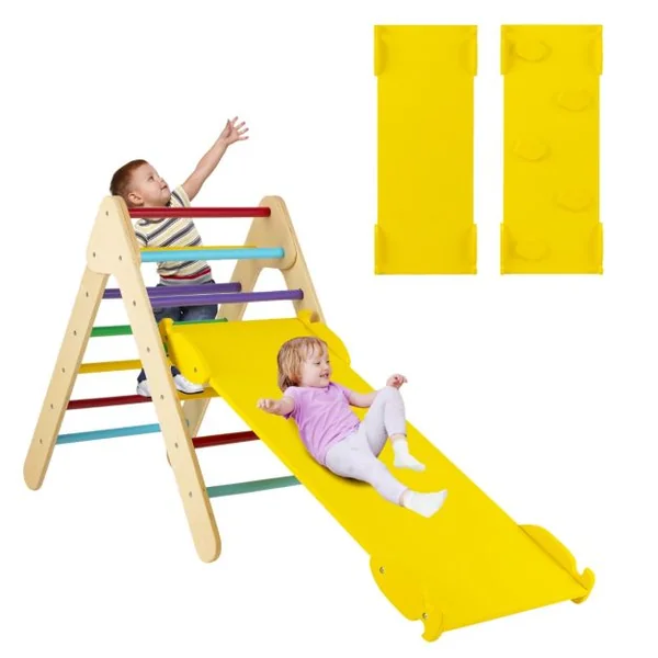 3 en 1 Triangle d'Escalade Enfant en Bois Rampe Double Face à Angle Réglable pour Grimper et Glisser Naturel/Multicolore