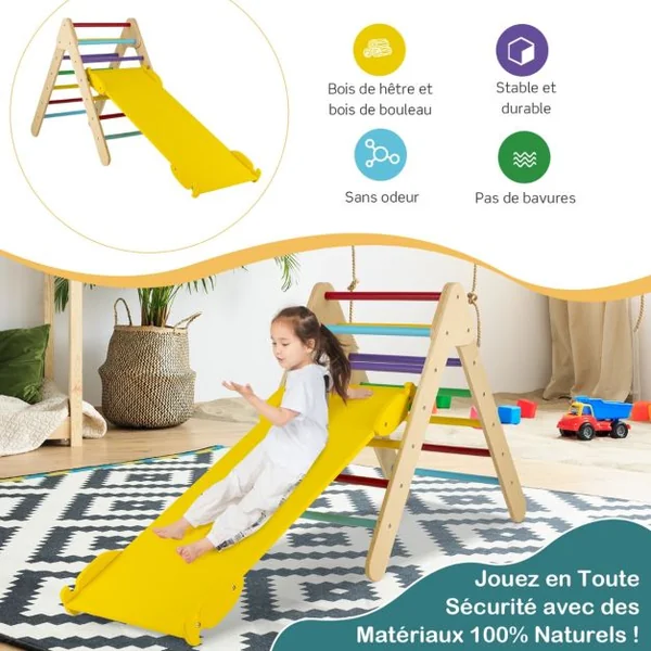 3 en 1 Triangle d'Escalade Enfant en Bois Rampe Double Face à Angle Réglable pour Grimper et Glisser Naturel/Multicolore