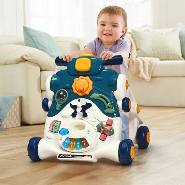 3 en 1 Trotteur Pousseur pour Enfants avec Lumière et Musique Développement de l'intelligence 6-36 Mois Bleu