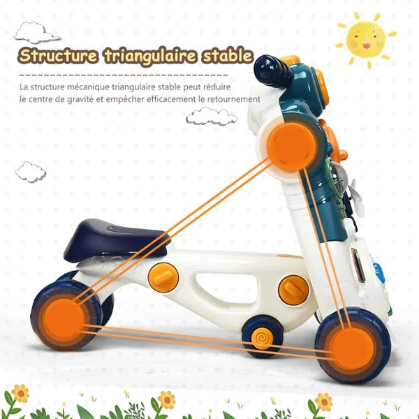 3 en 1 Trotteur Pousseur pour Enfants avec Lumière et Musique Développement de l'intelligence 6-36 Mois Bleu